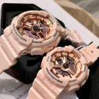 Light pink resin wristwatch pair in open cases with round skeleton dials and bezels