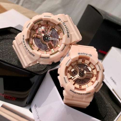 Pink resin G-Shock style wristwatch with round multi-dial face and raised bezel
