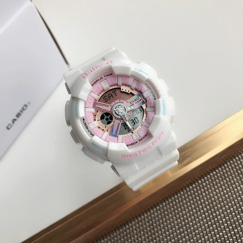White Casio resin watch with pink dial and digital displays on a white strap