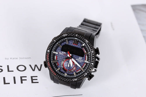 Casio chronograph wristwatch with black bezel, blue dial, and red/white details