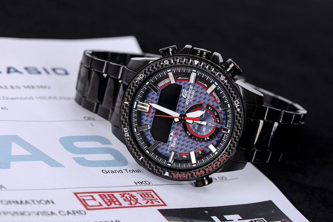 Casio chronograph watch with black metal bracelet, multi-color dial, red seconds hand