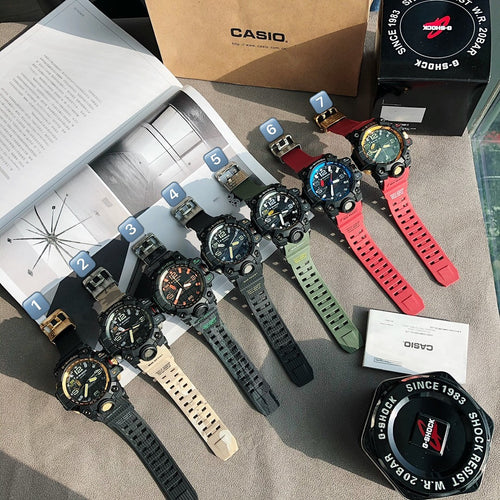 Assorted G-Shock style digital watches with multicolor rubber straps, shown in set
