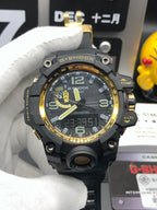 Casio G-Shock wristwatch front view with black bezel, gold accents, and green markers