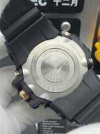 Casio G-Shock wristwatch back case with embossed metal plate and black leather strap