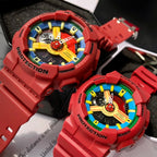 Two red Casio watches side by side with colorful multi-panel dials