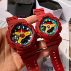 Two red Casio watches on hand, featuring colorful dial faces and red straps