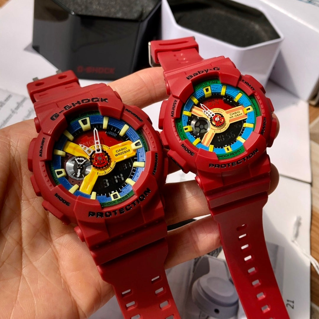 Two red Casio watches on hand, featuring colorful dial faces and red straps