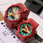 Red Casio watch pair displaying round colorful dials and red perforated straps