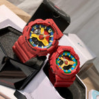 Red Casio watch with colorful rotating dial, red resin strap, and rugged bezel