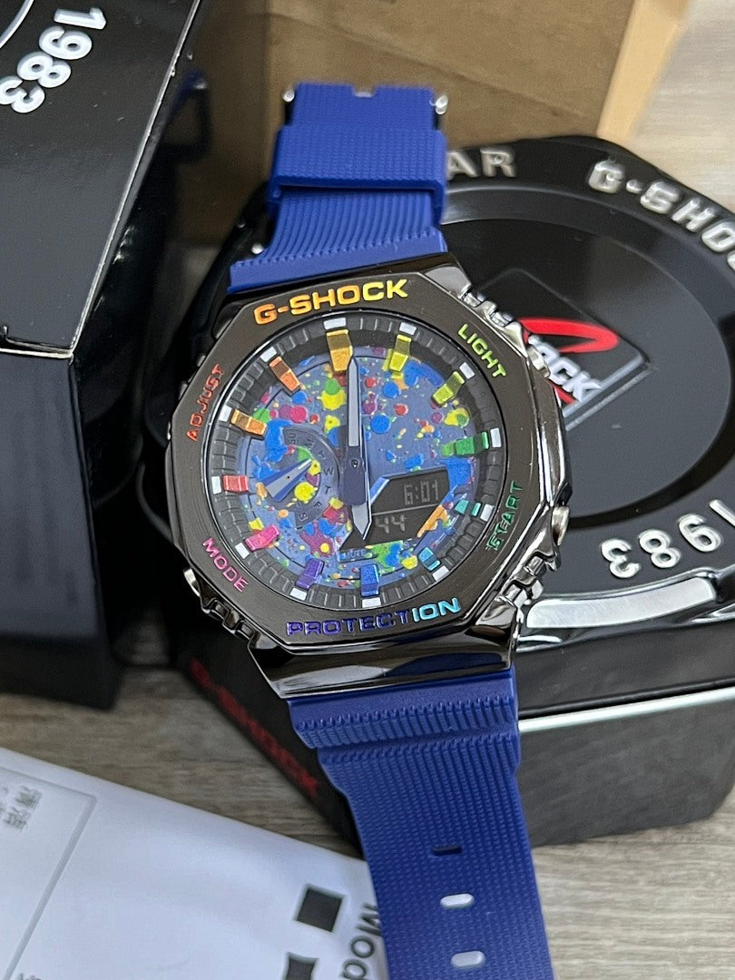 Casio G-Shock watch with bright blue resin strap and speckled blue dial