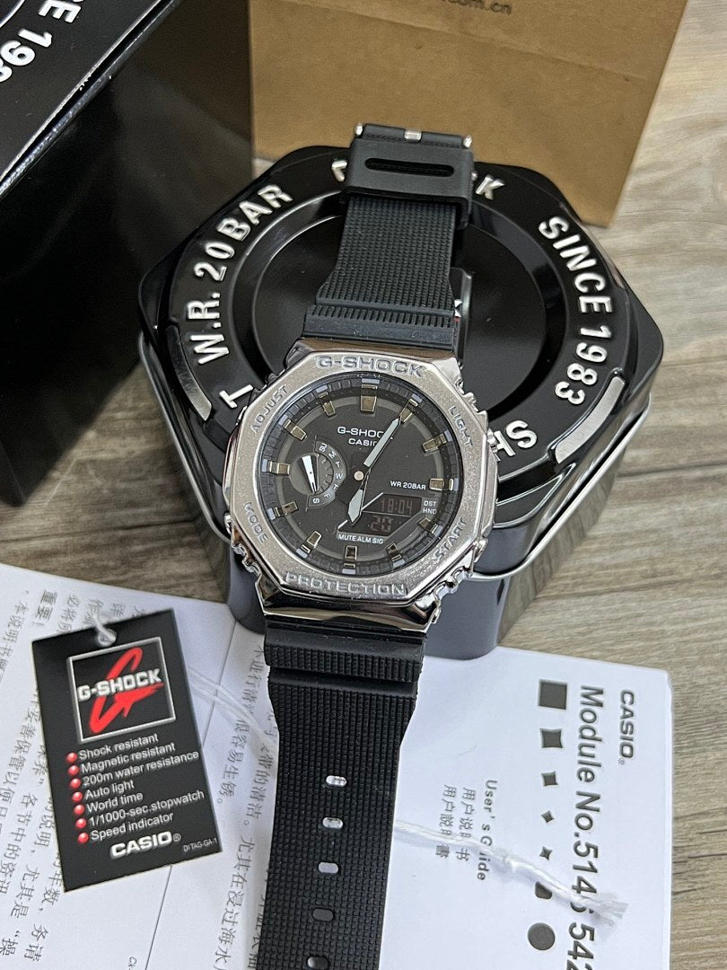 Casio G-Shock watch with black resin strap and gunmetal dial