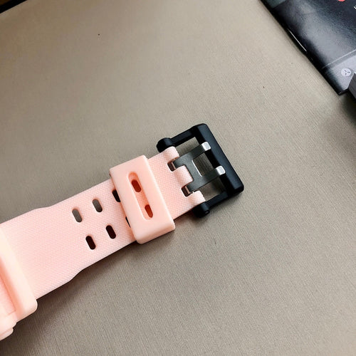 Light pink resin watch band with black metal clasp and buckle.