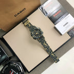 G-SHOCK watch with blue camouflage resin strap and black bezel, in display set