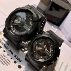 Black Casio watch with round dial and textured resin strap with buckle