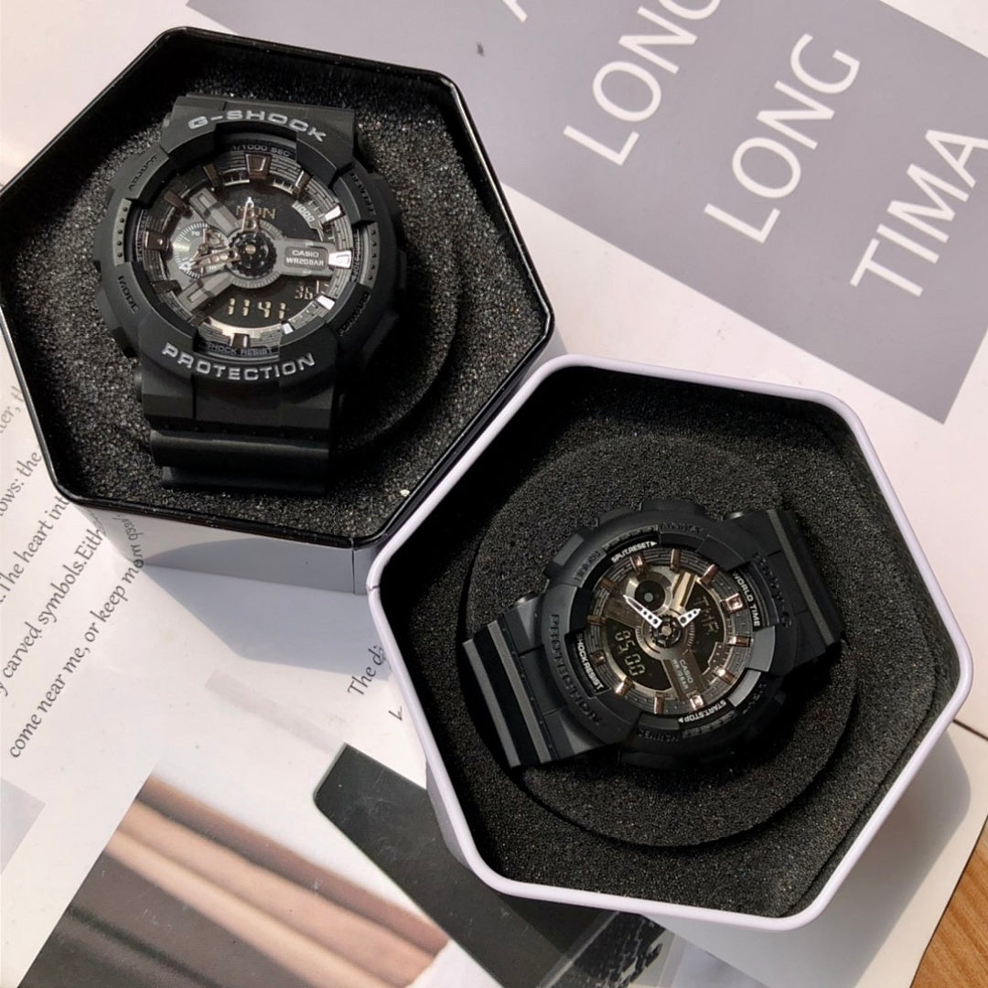 Black Casio watch with round face in open display box with foam inserts