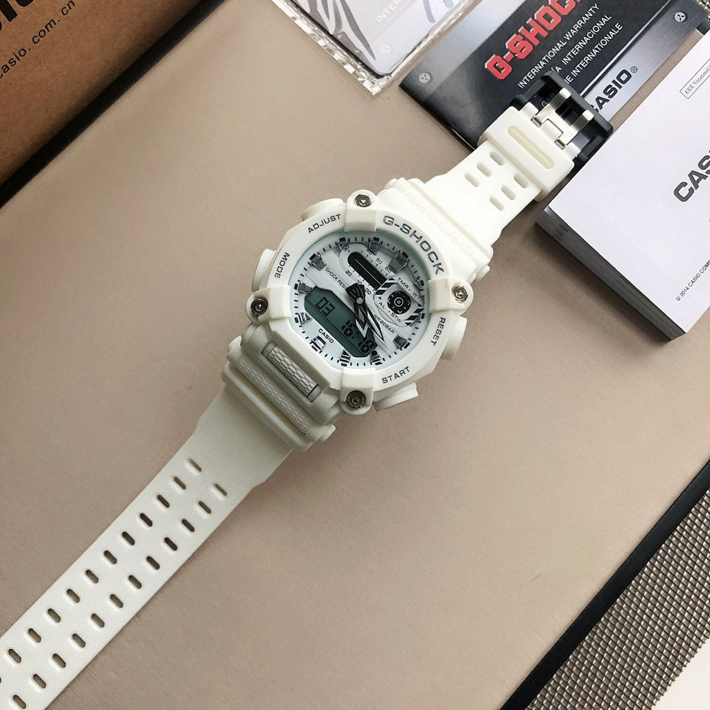 White G-SHOCK watch with round dial and perforated strap, front-left angled view