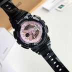 Casio Baby-G resin watch with pink dial and black bezel on black strap