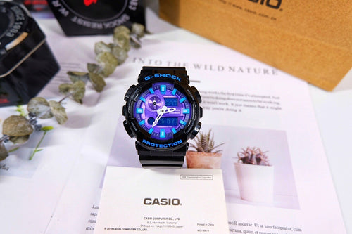 Casio G-Shock watch with blue digital display and black resin strap