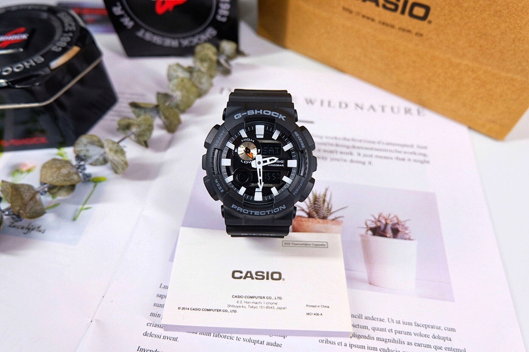 Casio G-Shock watch with black resin strap and white digital details