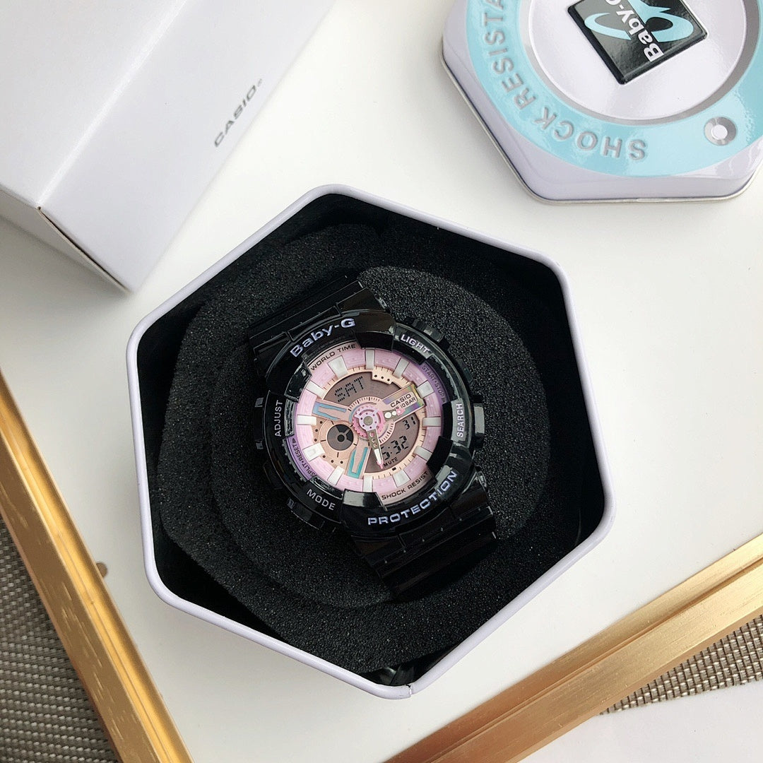 Casio watch with pink-accent dial in black ring, black resin strap