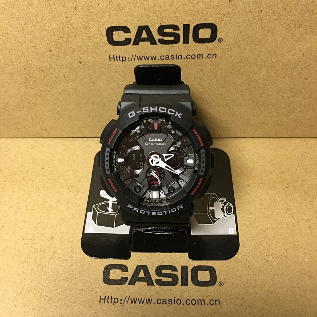 Casio G-Shock watch with black case, dark dial, and multi-function subdials.