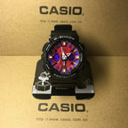 Casio G-Shock watch with black case, red-and-blue dial, and contrast subdials.
