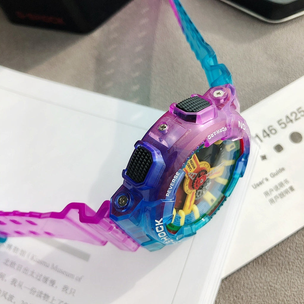 Casio G-Shock watch close-up with multicolor dial and translucent blue-purple resin strap