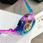Casio G-Shock watch close-up with multicolor dial and translucent blue-purple resin strap