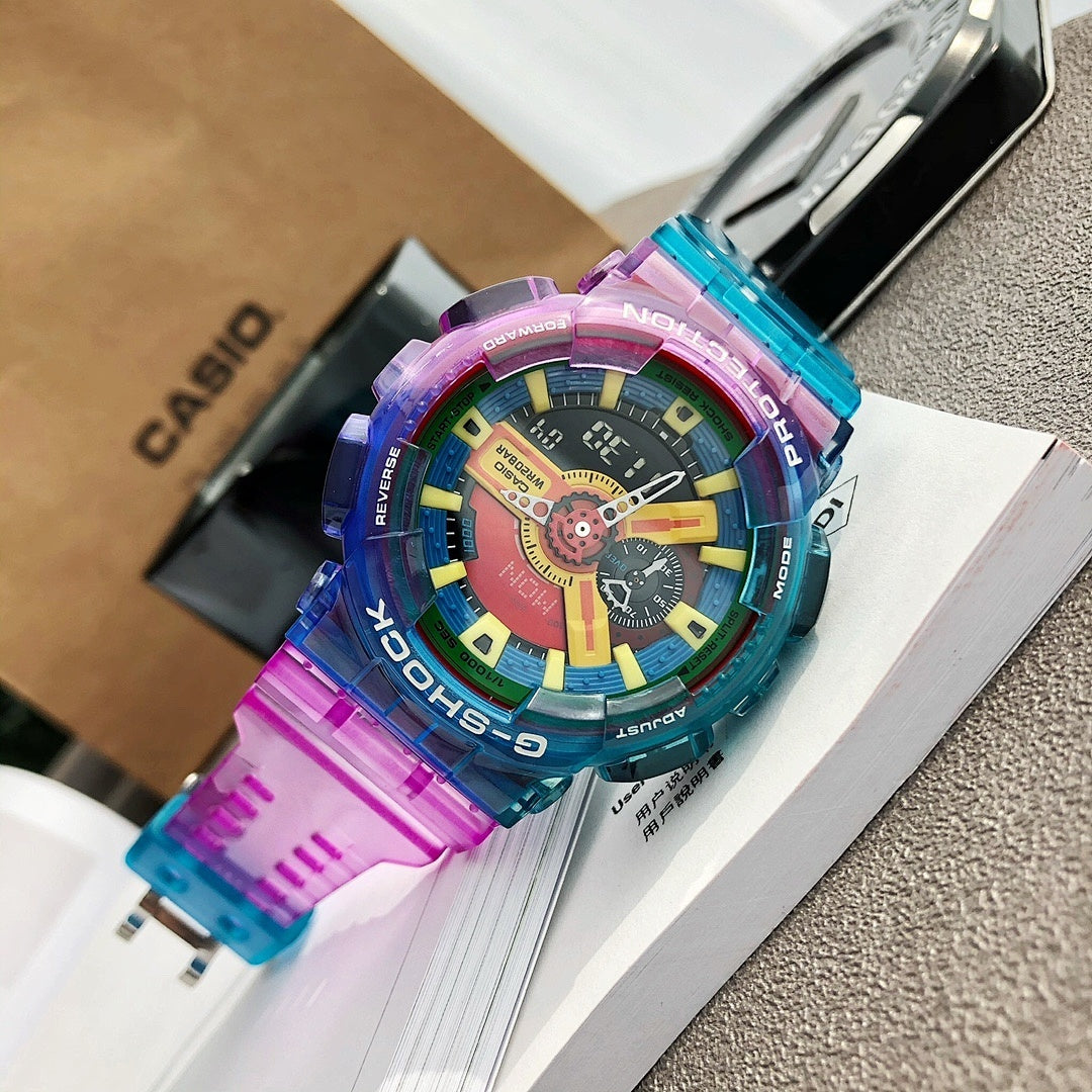 Casio G-Shock watch with rainbow dial and translucent blue and pink resin band
