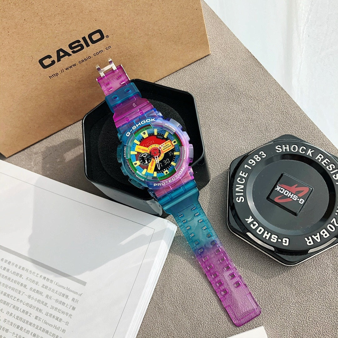 Casio G-Shock watch with multicolor dial and translucent purple resin strap in gift box