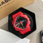 Casio G-Shock watch with black dial and bright red resin band in gift box