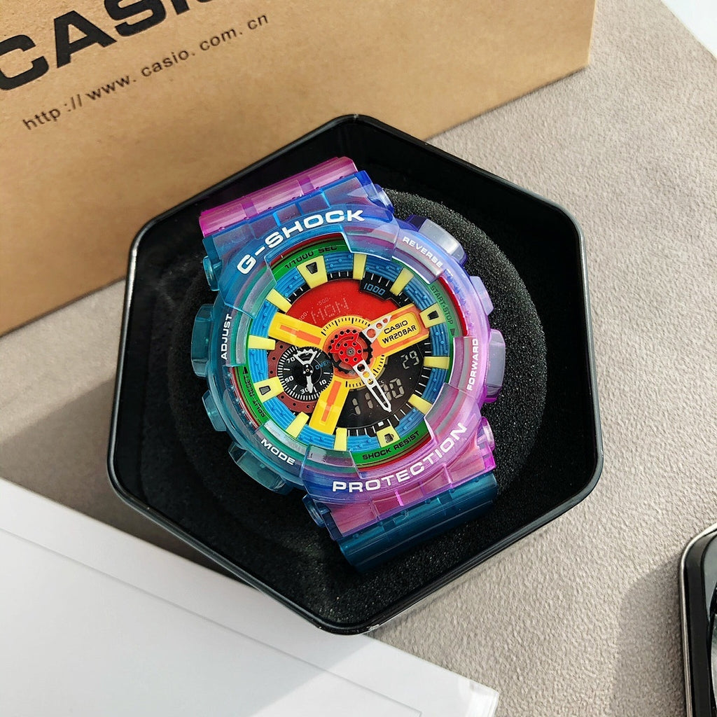 Casio G-Shock watch with multicolor dial and translucent blue-purple resin band in gift box
