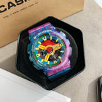 Casio G-Shock watch with multicolor dial and translucent blue-purple resin band in gift box