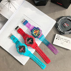 Casio G-Shock watch set with multicolor dials and resin bands in red, cyan, purple