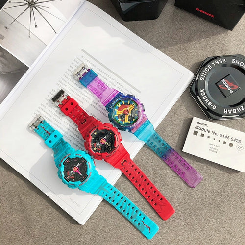 Casio G-Shock watch set with multicolor dials and resin bands in red, cyan, purple