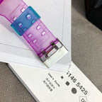 Casio G-Shock watch with translucent purple strap and aqua face detail on packaging card