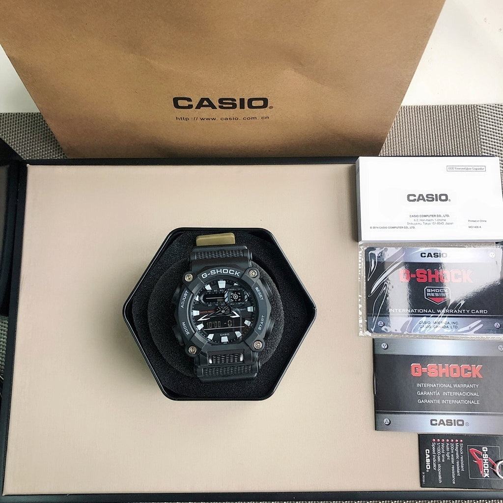 G-Shock watch in box with paperwork and retail cards.