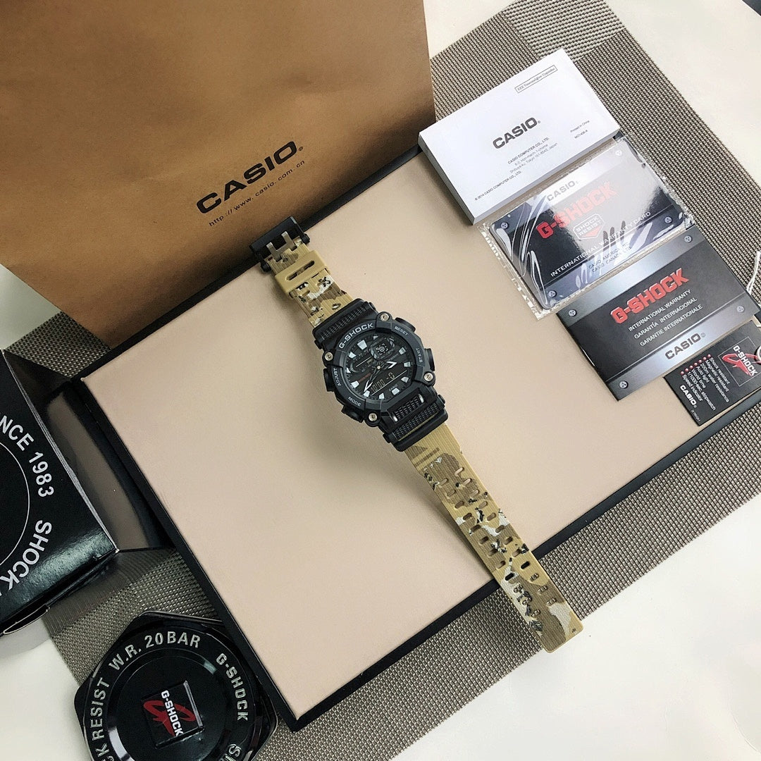 G-Shock watch with camouflage strap on a boxed set display.