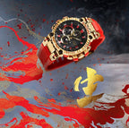 Casio G-Shock watch with red strap and gold-tone metal bezel, black multi-dial face