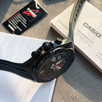 Casio Edifice wristwatch with black strap and dark dial, multiple sub-dials