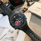 Casio Edifice wristwatch with black resin strap and dark blue dial with red details