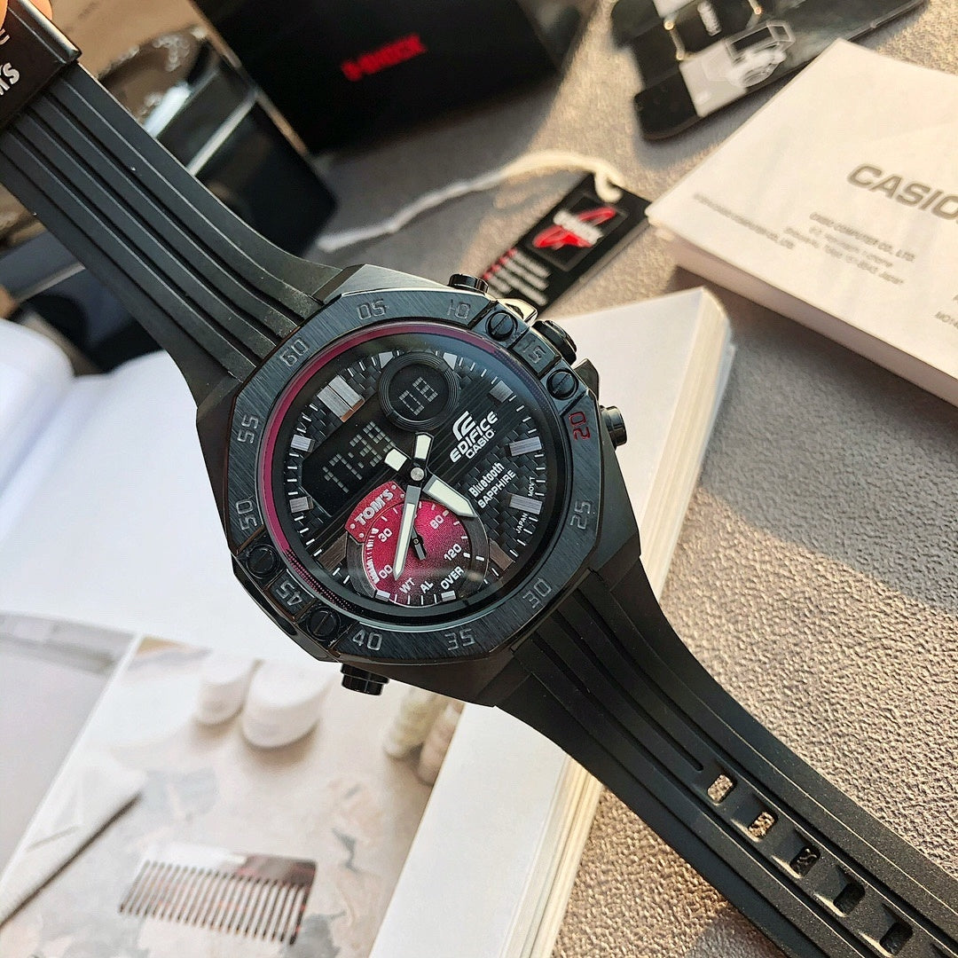 Casio Edifice wristwatch with black resin strap and dark blue dial with red details