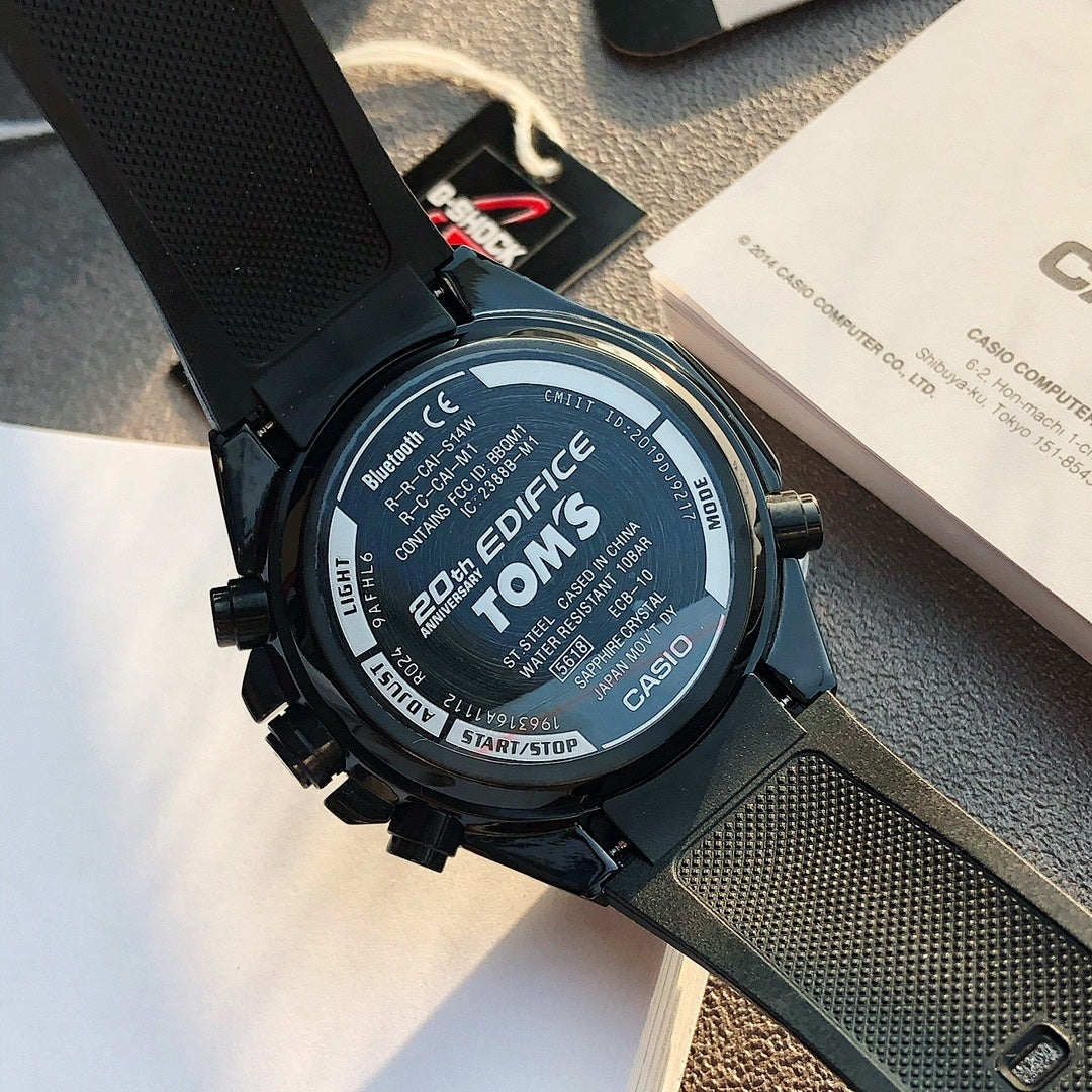 Casio Edifice wristwatch with dark blue face and black mesh bracelet