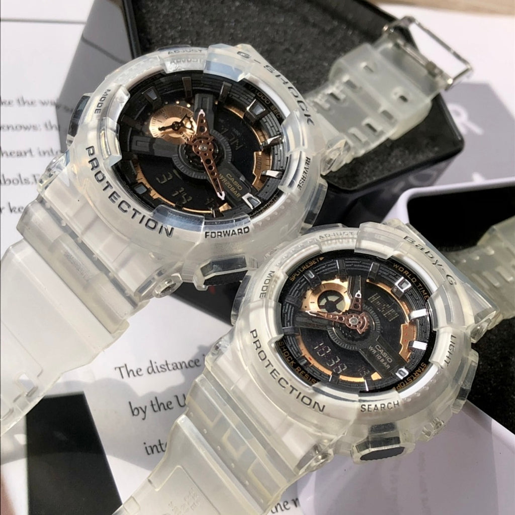 Casio G-Shock watch pair with clear cases and black dials on display