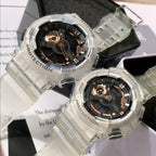Casio G-Shock watch pair with clear cases and black dials on display