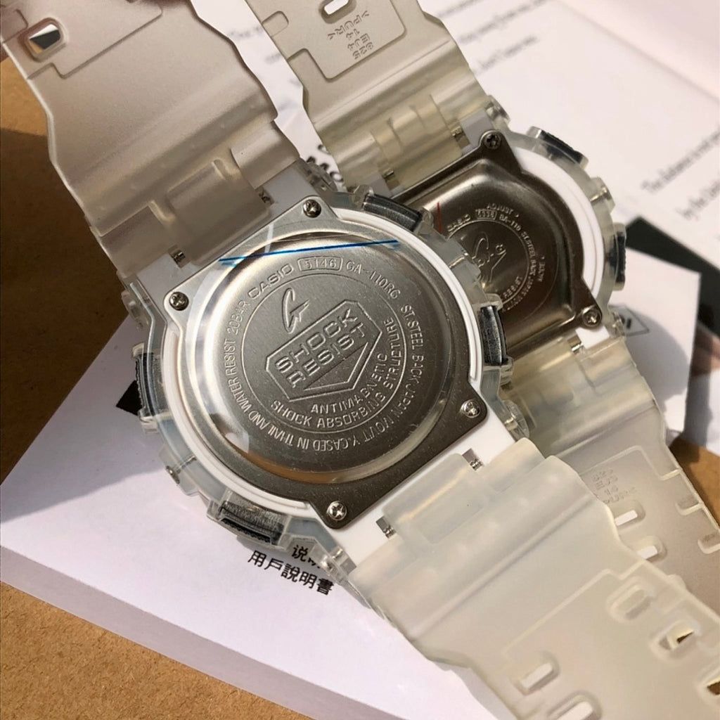 Casio G-Shock watch case back in clear housing with engraved details