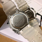 Casio G-Shock watch case back in clear housing with engraved details