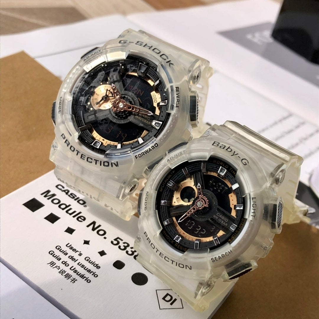 Casio G-Shock watch set in boxes, clear cases with black dial