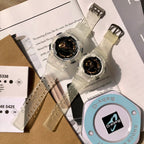 Casio G-Shock watches on paperwork, clear straps and black dials