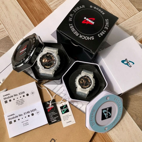 Casio G-Shock watches set with clear straps and black dials in retail packaging